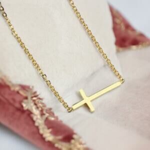 NEW 18K yellow gold plated sideways cross Christian chain necklace jewelry B23A